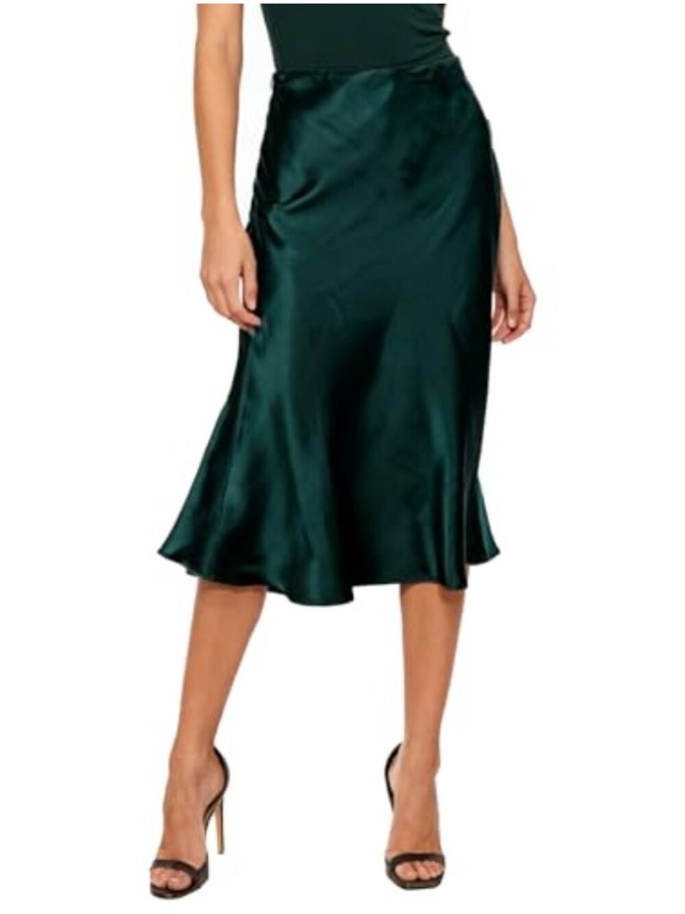 Women Satin High Waist Midi Skirt A-Line Lace Trim Cocktail Party